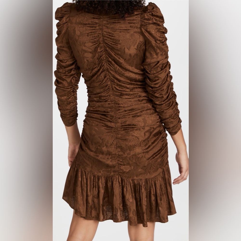 NWT ByTimo Jacquard Chocolate Brown Floral Ruched Ruffled Georgette Mini Dress - Picture 4 of 15